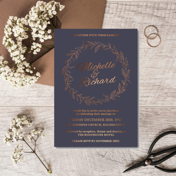 Blossom Wedding invite design with bronze foil
