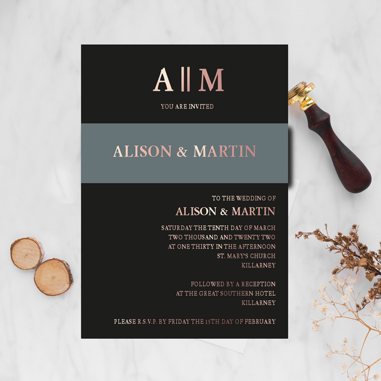 Copperplate Wedding invite design with rose gold foil