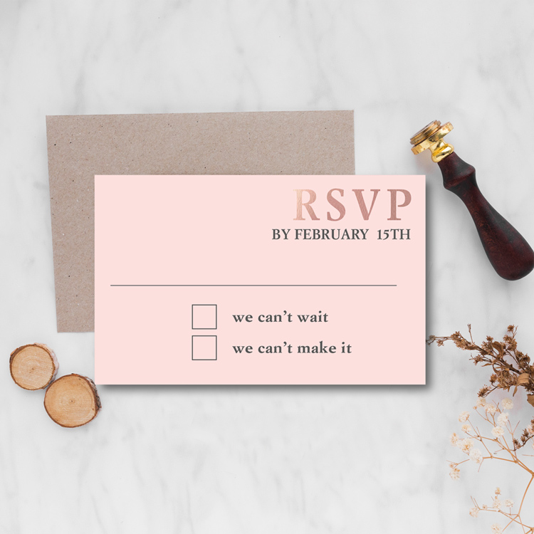 Copperplate Wedding rsvp design with rose gold foil