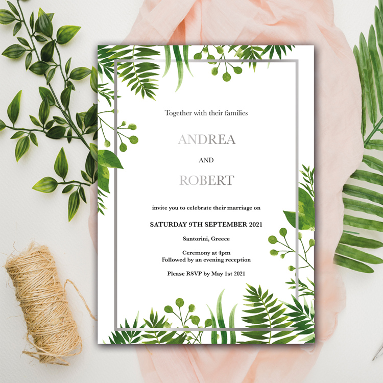 Floral Wedding invite design with silver foil Floral Wedding invite design with silver foil
