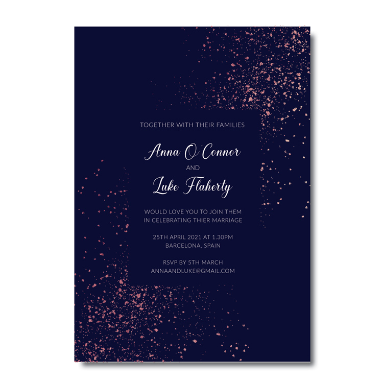 Glitter Wedding invite design with rose gold foil