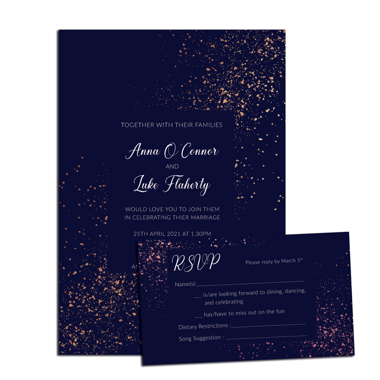 Glitter Wedding invite and rsvp design with rose gold foil