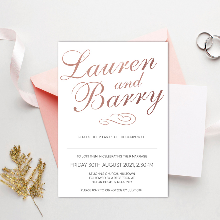 Script Wedding invite design with rose gold foil Script Wedding invite design with rose gold foil